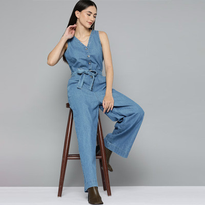 Blue Denim Pure Cotton Basic Jumpsuit