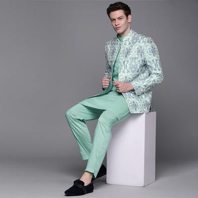 Men Sea Green & Navy Blue Cotton Ethnic Motifs Printed Printed Bandhgala Blazer