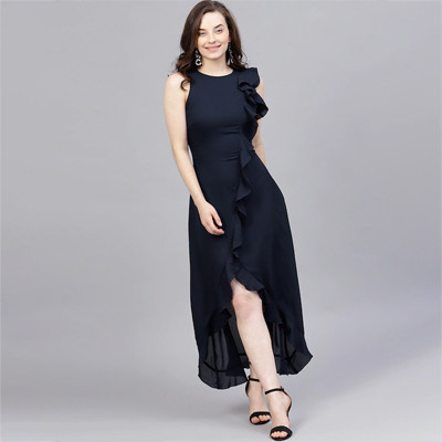 Navy Blue Ruffled Nautical Maxi Dress