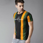 Men Black & Olive Green Striped Round Neck T-shirt