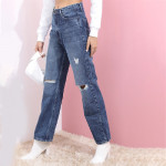 Women Blue Straight Fit Slash Knee Light Fade Jeans