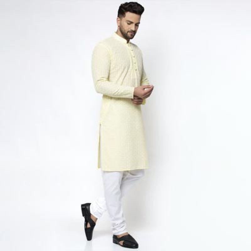 Yellow Floral Embroidered Thread Work Cotton Kurta