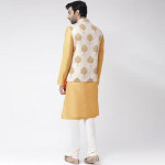 Men Yellow & White Solid Handloom Kurta with Churidar & Nehru Jacket