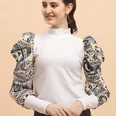 White Ethnic Motifs Printed Puff Sleeve Top