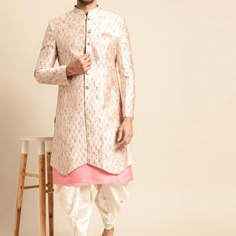 Men Cream-coloured & Pink Woven Design Sherwani Set