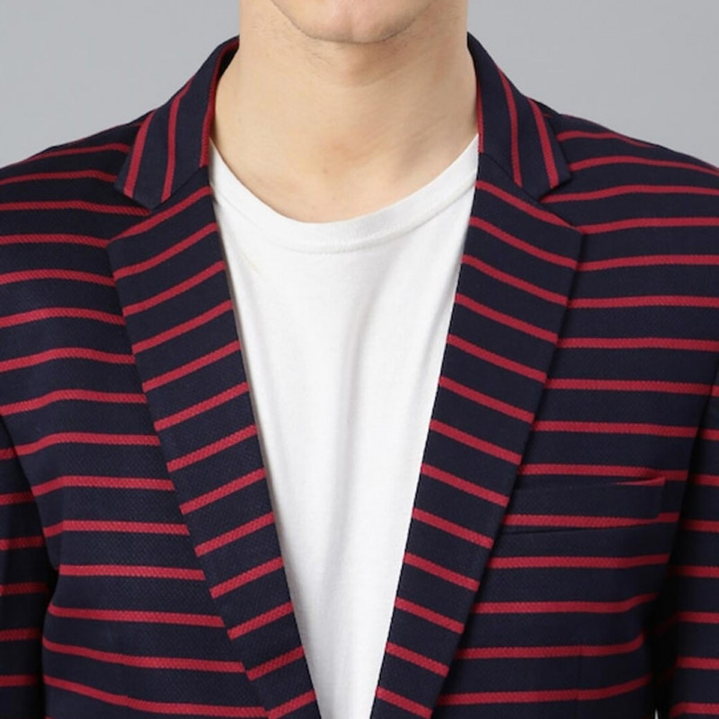 Men Navy Blue & Red Striped Single-Breasted Casual Blazer