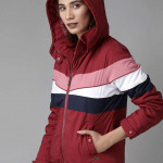 Women Maroon & Navy Blue Striped Hooded Padded Jacket