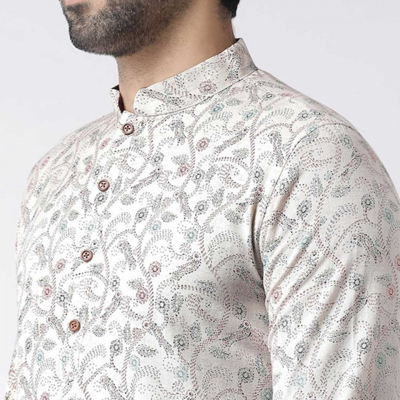 Men White Floral Printed Kurta with Churidar