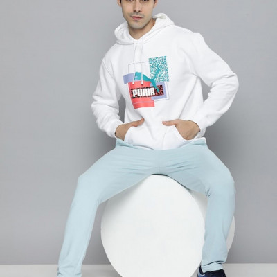 Men White Printed Brand Love Hooded Sweatshirt