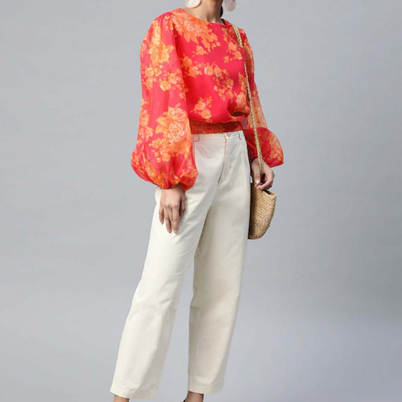 Pink & Orange Floral Printed Puff Sleeves Blouson Top