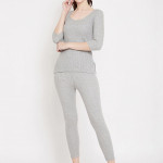 Women Grey Melange Striped Slim-Fit Thermal Top