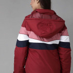 Women Maroon & Navy Blue Striped Hooded Padded Jacket