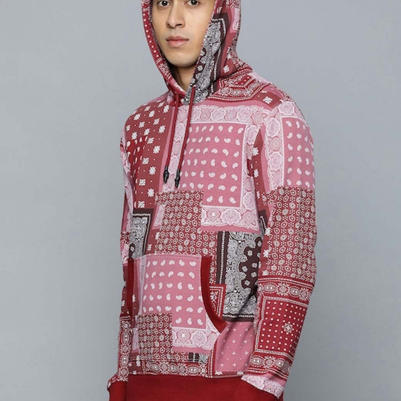 Men Red & Pink Bohemian Printed Pure Cotton Hooded Sweatshirt